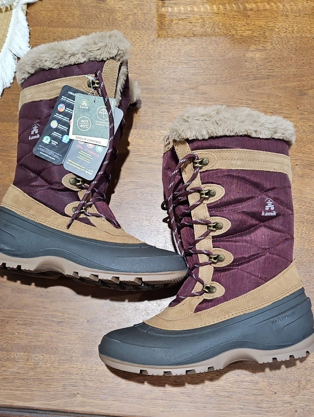 Kamik Women's Burgundy and Tan Waterproof Winter Boots with Faux Fur Collar